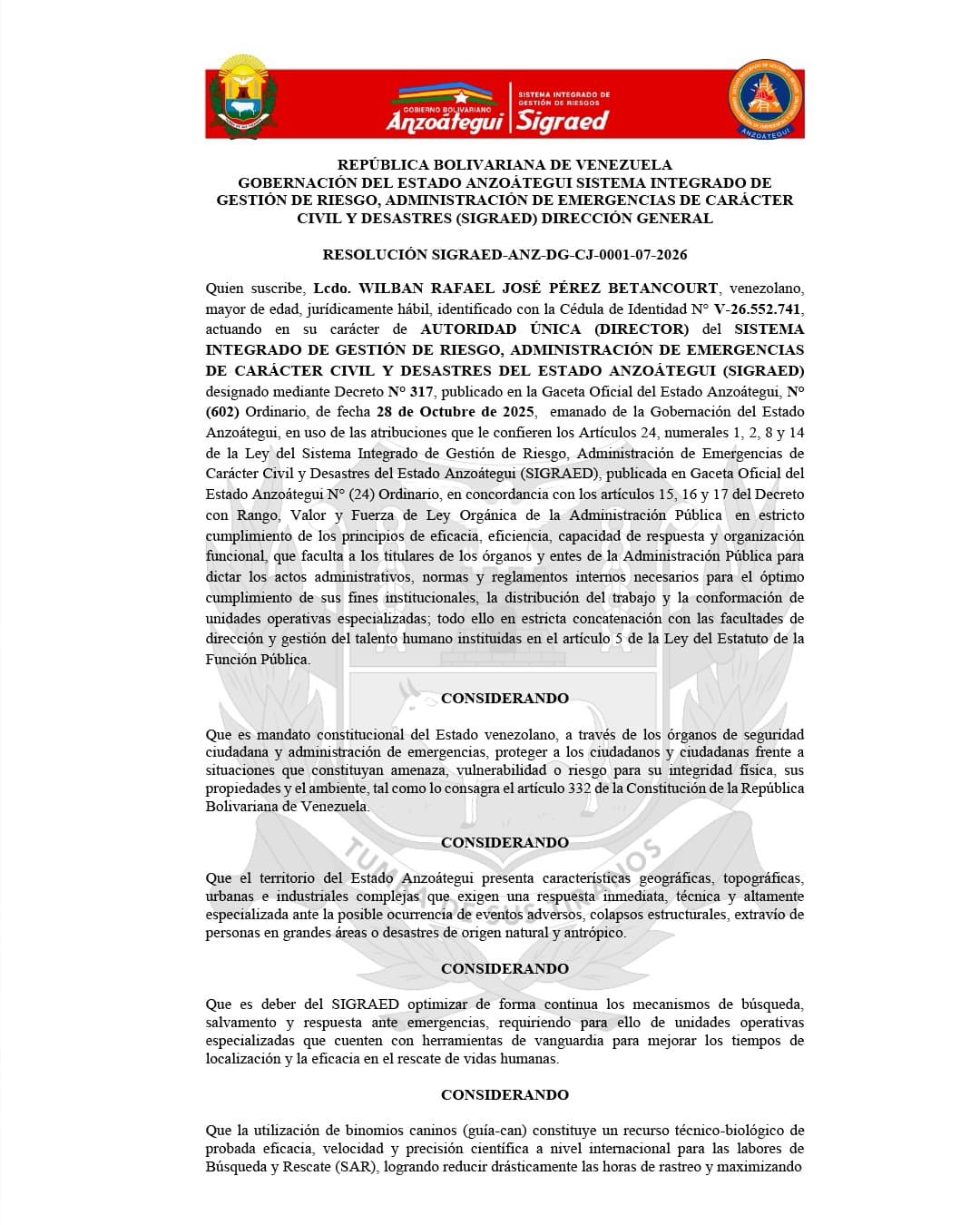 Página 1 de la Resolución SIGRAED-ANZ-DG-CJ-0001-07-2026